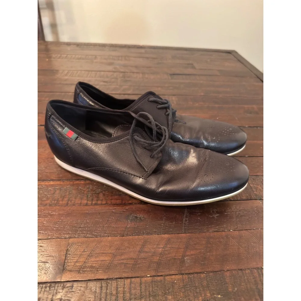 Gucci Mens Leather Medallion Toe Derby Shoes Black Web Tab 233496 Size 8.5